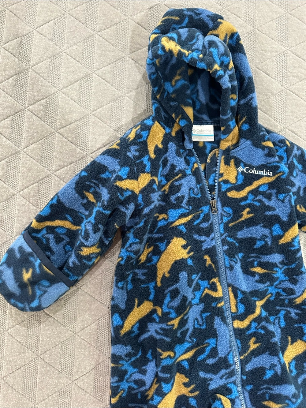 Columbia Blue, Navy & Yellow Camo Fleece Hooded Zip One-Piece